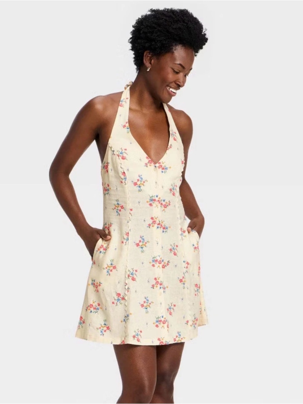 Halter Linen blend Floral Mini Sundress Universal Thread Cream medium nwt